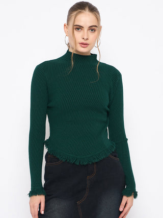 Madame Fringe Hem Mock Neck Green Sweater