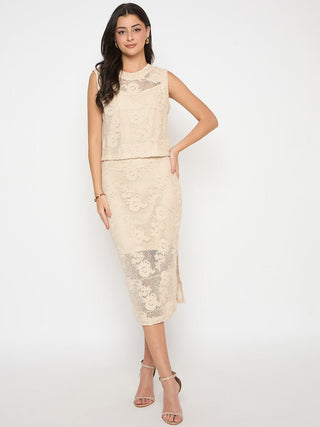 Madame Shanaya Kapoor Floral Lace Top and Midi Skirt Beige Co-ord Set