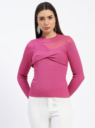 Madame Shimmery Mock Neck Wrap Hot Pink Sweater