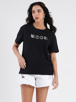 Madame Embellished Pocket Typography Black Cotton T-shirt