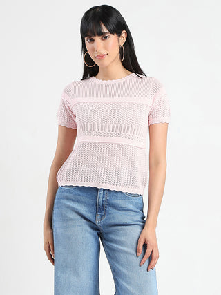 Madame Semi Sheer Knitted Cotton Blend Pink Top