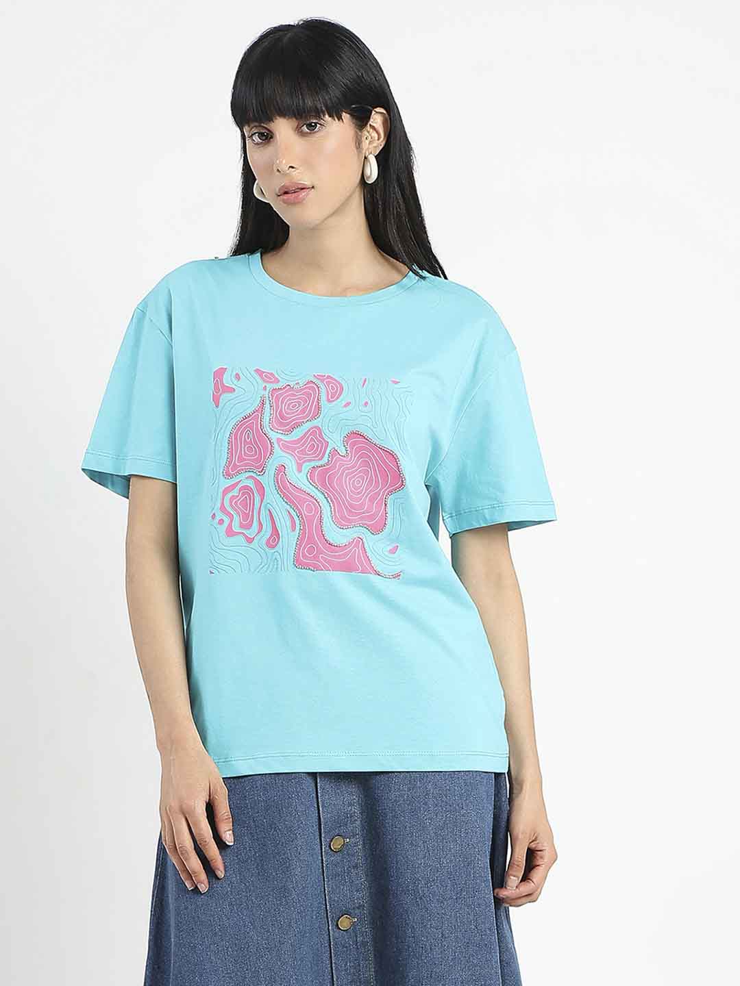 Madame Graphic Print Embellished Aqua Blue Sinker T-Shirt color swatch