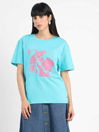 Madame Graphic Print Embellished Aqua Blue Sinker T-Shirt