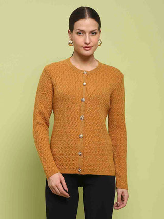 Madame Glossy Buttoned Cable Knit Mustard Yellow Cardigan