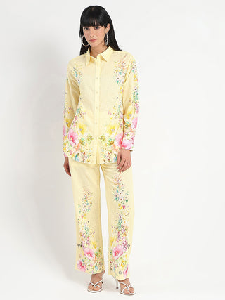 Madame Printed Shirt and Trousers Yellow Cotton Co-ord Set