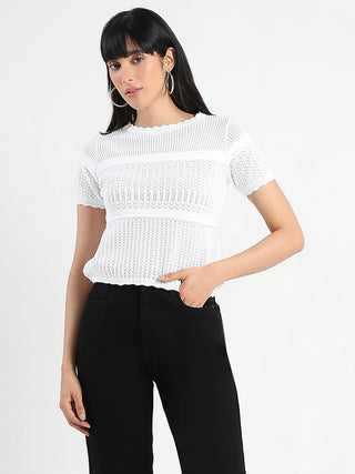 Madame Semi Sheer Knitted Cotton Blend White Top