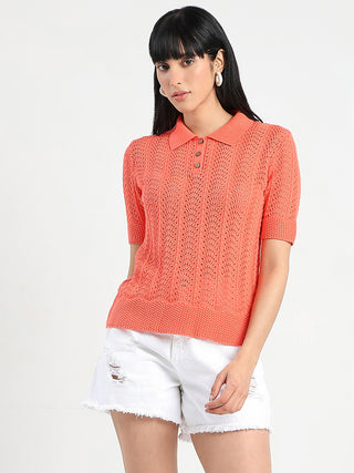 Madame Openwork Detail Textured Coral Orange Cotton Knitted Top