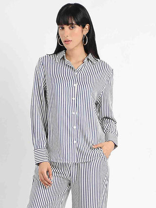 Madame Striped Navy Blue Cotton Blend Shirt