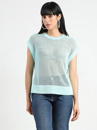 Madame Open Knit Side Slits Mint Green Top