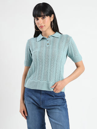 Madame Openwork Detail Textured Jade Green Cotton Knitted Top