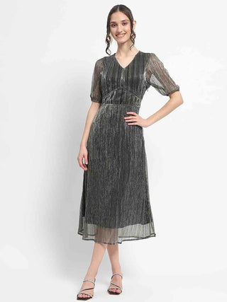 Madame Shimmery Corset Detailed Puff Sleeved Black Midi Dress