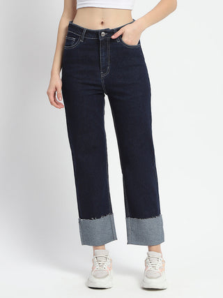 Madame Rolled Hem Straight Fit Solid Dark Blue Cotton Denim