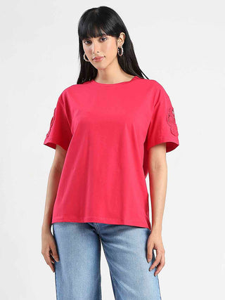 Madame Embroidered Sleeve Solid Red Cotton T-Shirt