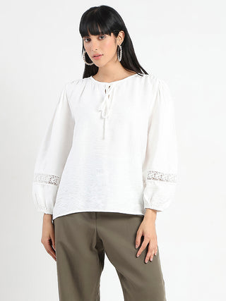 Madame Tie Neck Off White Rayon Blend Top