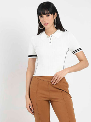 Madame Contrast Trim Polo Neck White Knitted T-shirt