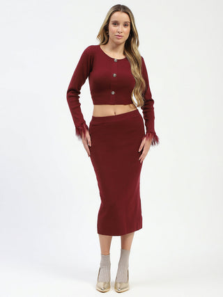 Madame Fur Sleeve Bodycon Wine Red Knit Co-ord Set
