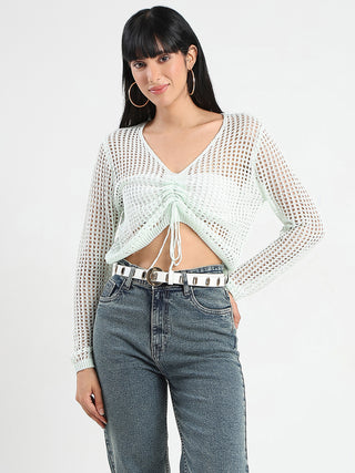 Madame Semi Sheer Drawstring Mint Green Knitted Crop Top