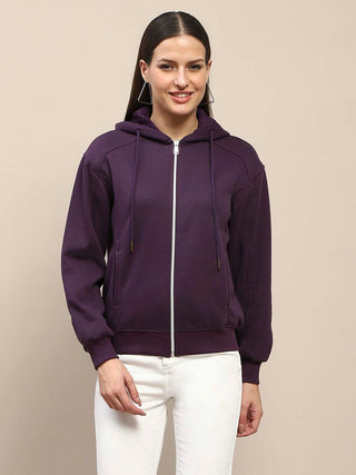 Madame Fleece Cut And Sew Detailed Zipped Purple Hoodie