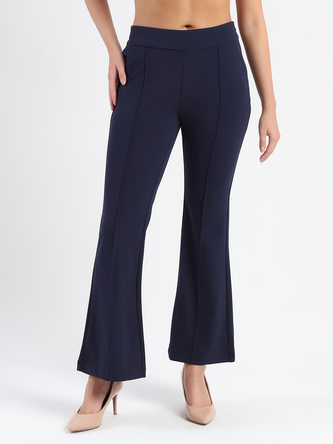 Madame Side Zipper Flared Navy Blue Knitted Moss Trousers color swatch