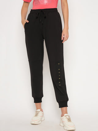 Madame Knit Reverse Panels Solid Black Jogger Style Track Bottoms