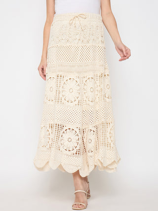 Madame Cotton Crochet Lace Tiered Beige Maxi Skirt