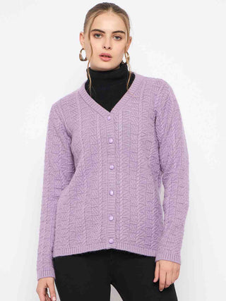 Madame Cable Knit V- Neck Buttoned Lilac Cardigan