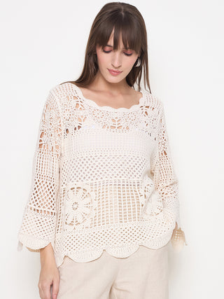 Madame Crochet Bell Sleeve Beige Knit Top
