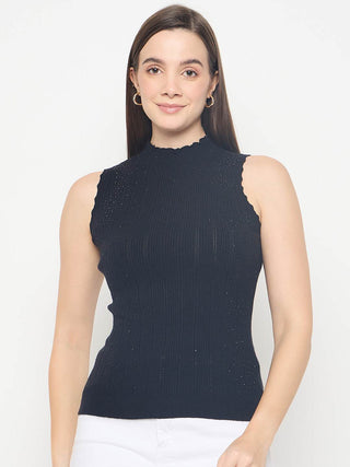 Madame Metallic Fabric Black Sleeveless Sweater