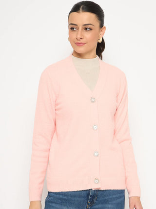 Madame V Neck Solid Peach Cardigan