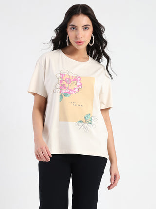 Madame Graphic Print Beige Cotton Blend T-shirt