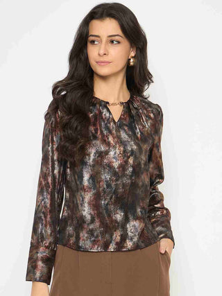 Madame Metal Buckled Neckline Tie Dye Black Satin Top