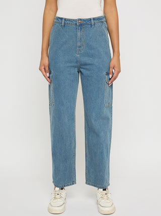 Madame Wide Leg Light Blue Cotton Denim Cargo