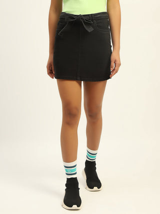 Madame Belted Black Denim Mini Skirt