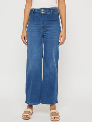 Madame Double Waisted Whiskered Wide Leg Mid Blue Jeans