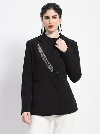 Madame Chain Adorned Notched Lapel Neckline Black Blazer