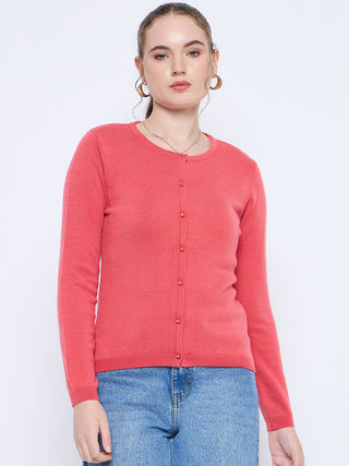 Madame Solid Coral Button Down Crew Neck Cardigan