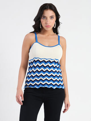 Madame Sleeveless Chevron Pattern Ribbed Trim Knit Top