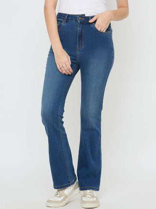 Madame Cotton Blend Stone Wash Mid Blue Flared Jeans