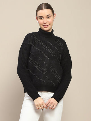 Madame Self Design Black Turtleneck Sweater
