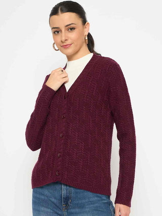 Madame Cable Knit V Neck Wine Cardigan