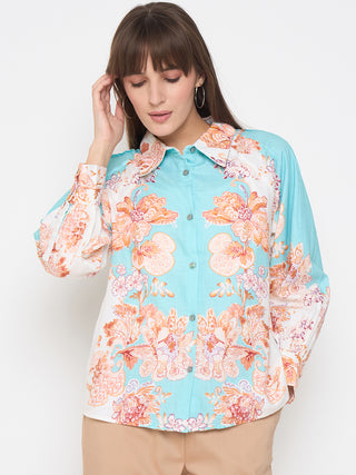 Madame Floral Print Colorblock Blue Shirt
