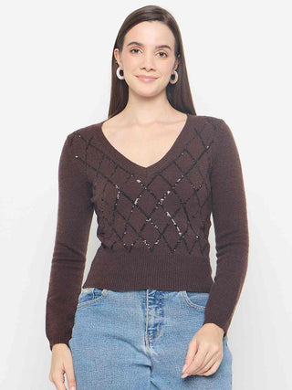 Madame Embellished Chocolate Brown Crop Sweater