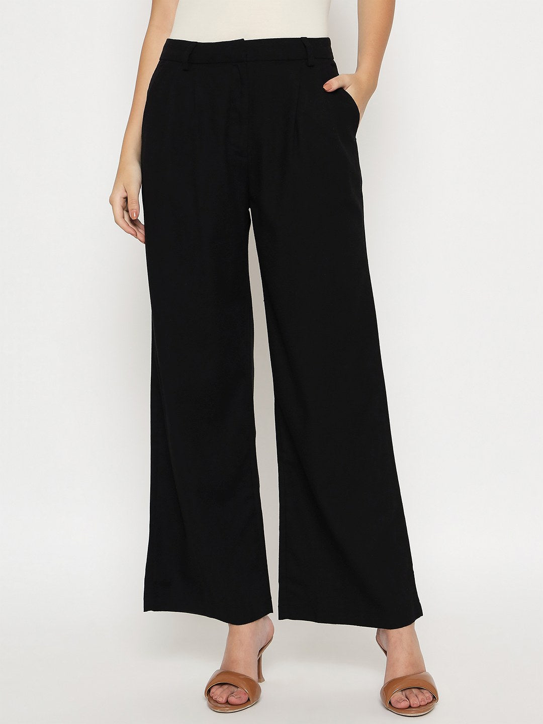 Madame Cotton Blend Black Wide Leg Trousers color swatch