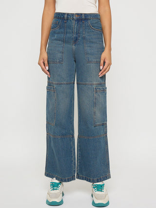 Madame Panel Detailed Tinted Green Wide Leg Denim Cargo
