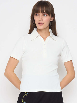 Madame Pique Solid White Polo T-shirt