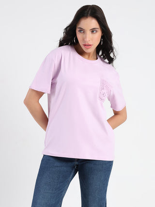 Madame Pocket Detailed Solid Mauve Cotton Blend T-shirt
