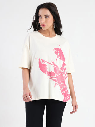 Madame Graphic Print Half Sleeve Off White Cotton T-shirt