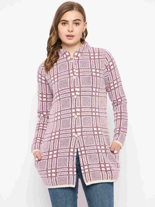 Madame Plaid Pattern Buttoned Wine Red Cardigan