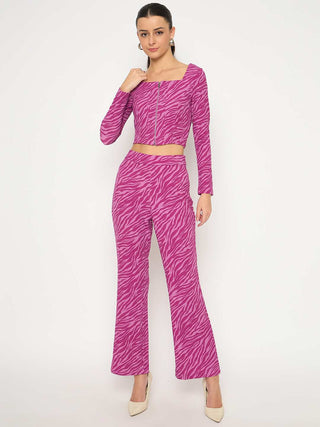 Madame Animal Print Zipped Top and Flared Bottom Pink Co-Ord Set