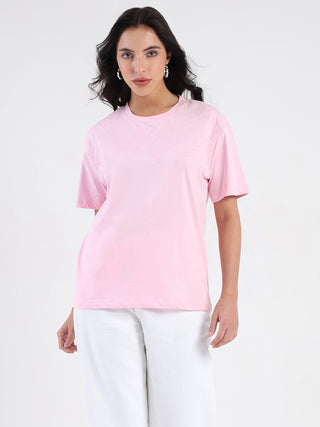 Madame Embroidered Half Sleeve Pink Cotton T-shirt
